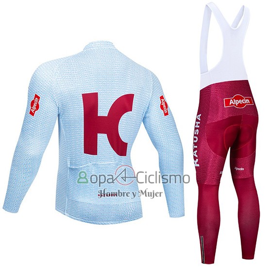 Katusha Alpecin Ropa Ciclismo Culotte Largo 2019 Mangas Largas Azul Claro Rojo